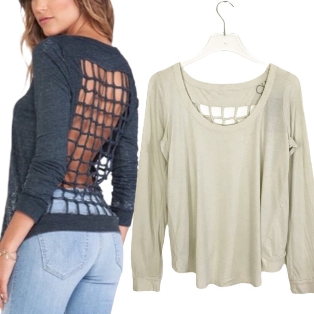 Chaser Grid Open Back Tee Long Sleeve Scoop Neck Cream Size Small NWT